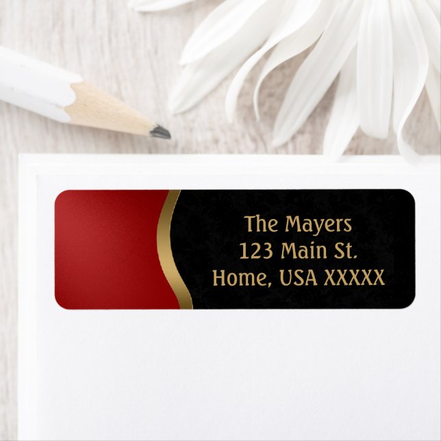 Bold Modern Black Red and Gold Return Address Label (Insitu)