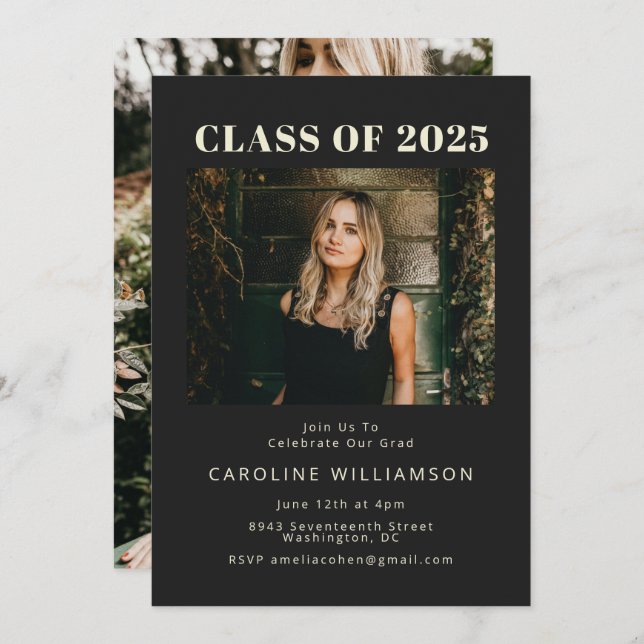 Bold Modern Black Two Photo Graduation Party  Invi Invitation (Front/Back)