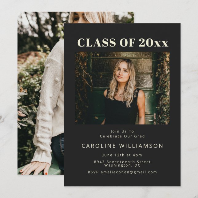 Bold Modern Black Two Photo Graduation Party  Invi Invitation (Front/Back)
