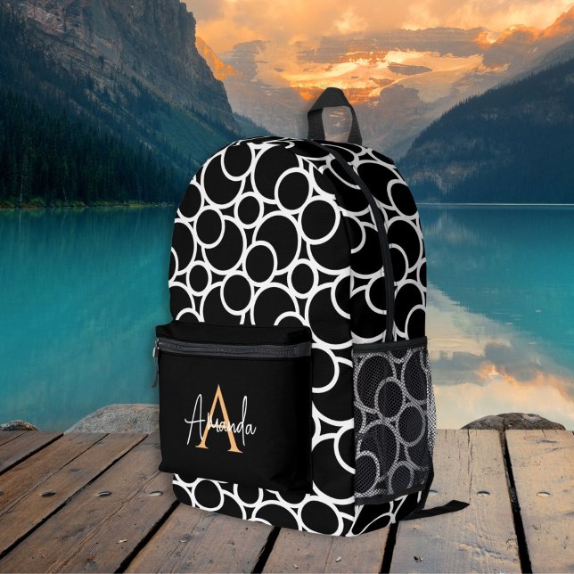 Bold Modern Black & White Pattern with Monogram Printed Backpack (black and white backpack with name)