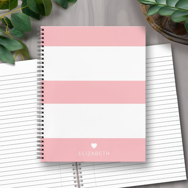 Bold Modern Blush Pink Striped Pattern with Heart Notebook (Personalized Notebook with Custom Text)