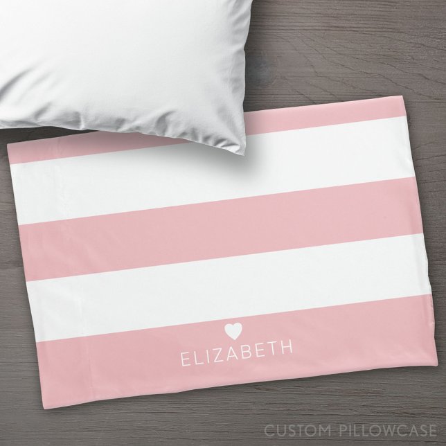 Bold Modern Blush Pink Striped Pattern with Heart Pillowcase (Custom Pillowcase)