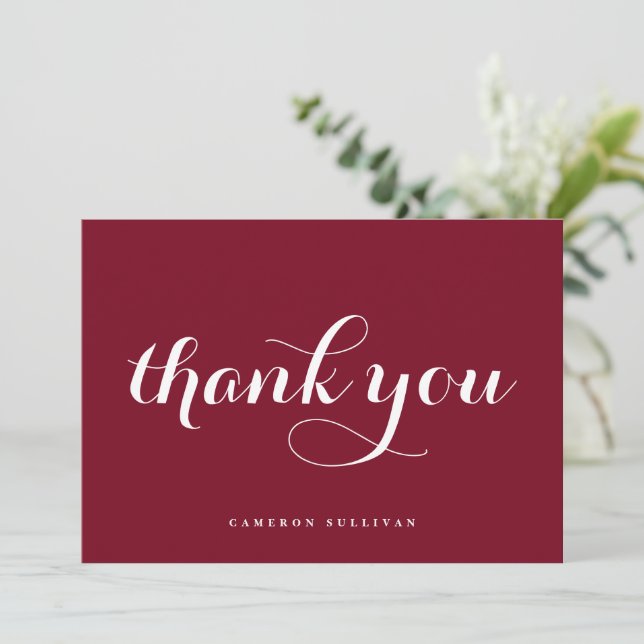 Bold Modern Calligraphy Burgundy Thank You Card (Standing Front)