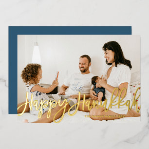 Bold Modern Calligraphy Happy Hanukkah Photo  Foil Holiday Card