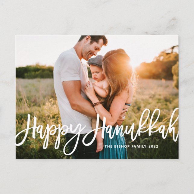 Bold Modern Calligraphy Happy Hanukkah Photo  Holiday Postcard (Front)