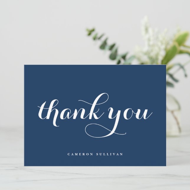 Bold Modern Calligraphy Navy Blue Thank You Card (Standing Front)