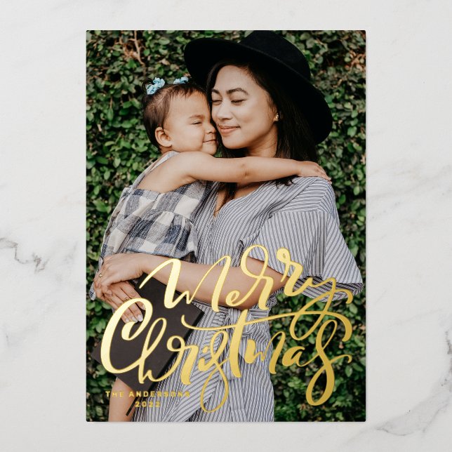 Bold Modern Calligraphy Photo Merry Christmas Foil Holiday Card (Front)
