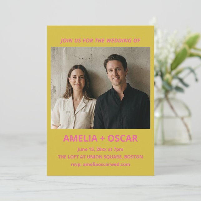 Bold Modern Chartreuse Pink Yellow Wedding Photo Invitation (Standing Front)