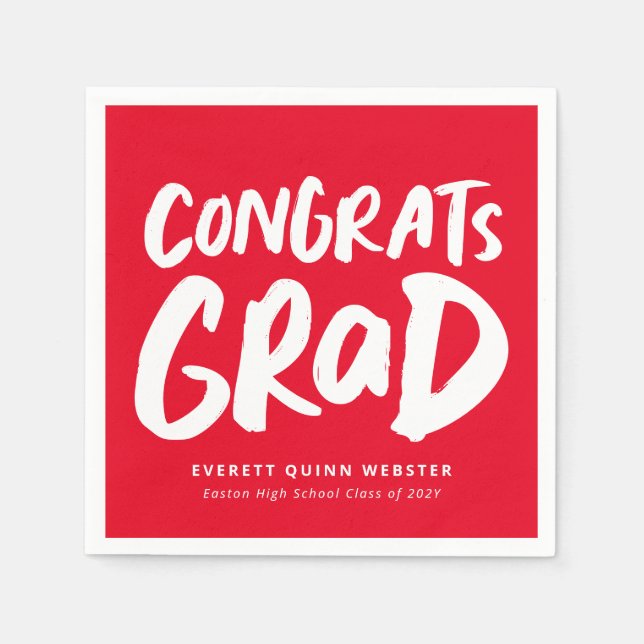 Bold modern congrats grad red graduation party napkin (Front)