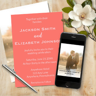 Bold Modern Coral and Pink Photo Wedding Invitation