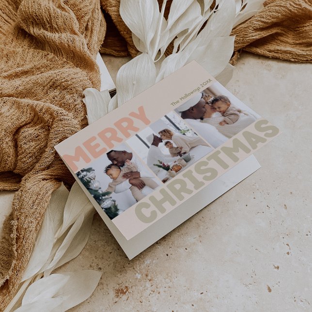 Bold Modern Coral Merry Christmas Folded 3 Photo Holiday Card (Creator Uploaded)