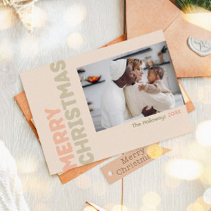 Bold Modern Coral Merry Christmas Four Photo Holiday Card