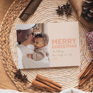 Bold Modern Coral Merry Christmas One Photo Holiday Card