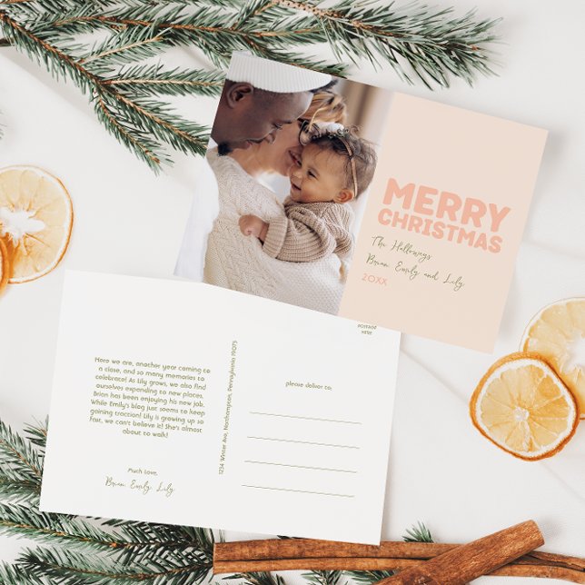Bold Modern Coral Merry Christmas One Photo Holiday Postcard (Creator Uploaded)