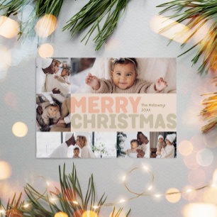 Bold Modern Coral Merry Christmas Six-Photo Holiday Card