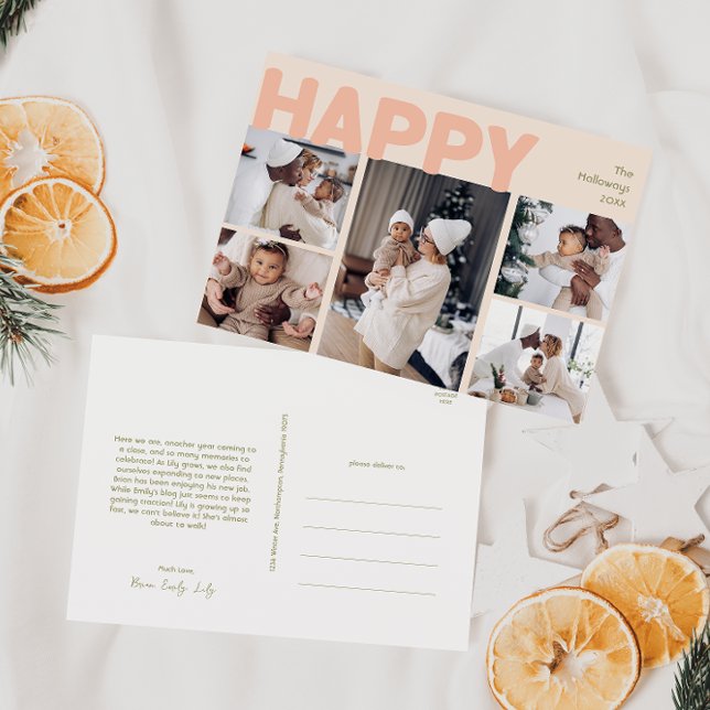 Bold Modern Coral Year in Review Five Photo Happy Holiday Postcard (Creator Uploaded)