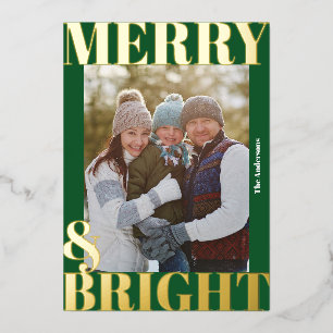 Bold Modern Dark Green Merry & Bright Photo Foil Holiday Card