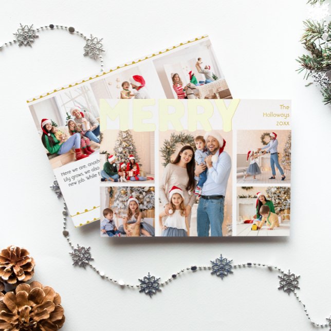 Bold Modern Eight-Photo Year in Review Merry Gold Foil Holiday Card (Creator Uploaded)