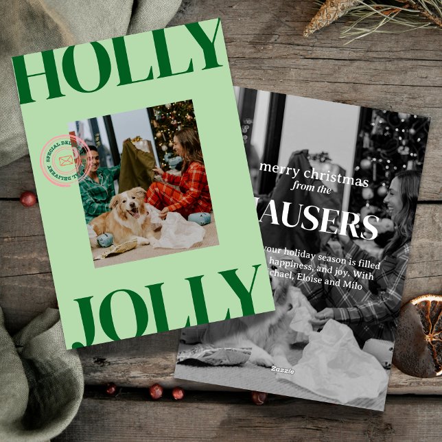 Bold Modern Family Photo Cute Stamp Holiday Card (Celebrate the season in bold style with this playful “Holly Jolly” photo card.)