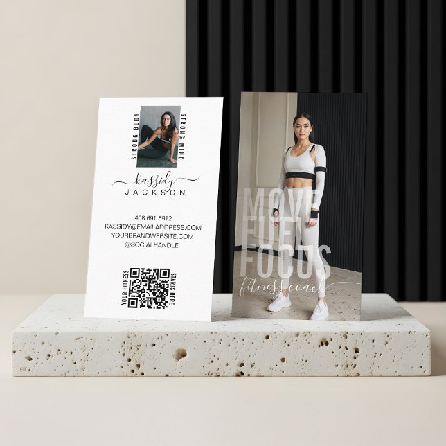 Bold Modern Fitness Coach Personal Trainer Photos Business Card (Modern Bold Script Calligraphy Fitness Photo QR Business Card)