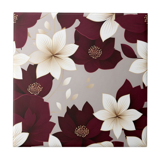 Bold Modern Floral Burgundy Ceramic Tile (Front)