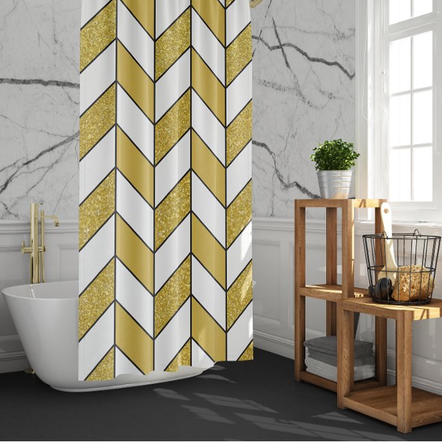 Bold Modern Gold Glitter Herringbone Chevron Shower Curtain (Creator Uploaded)