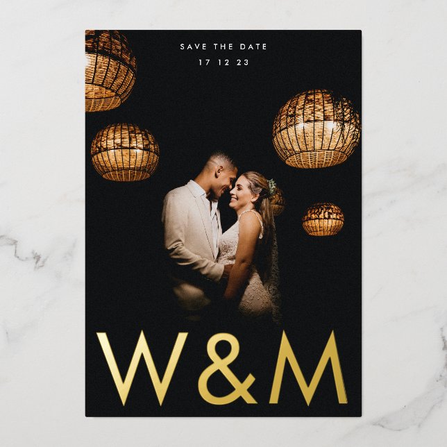Bold Modern Gold Photo Monogram Save The Date (Front)