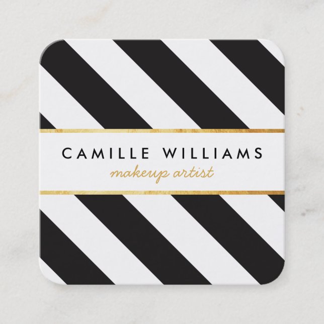BOLD modern gold strip stripe pattern black white Square Business Card (Front)