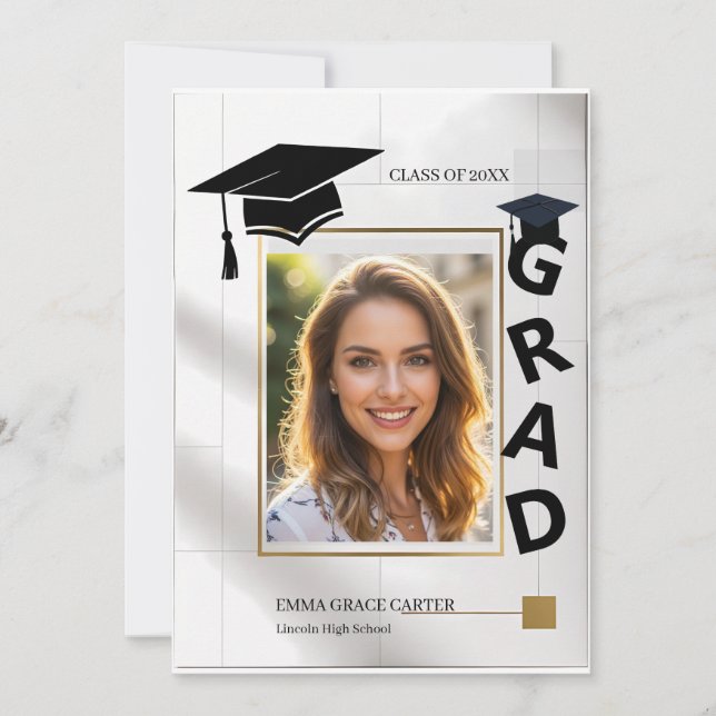 Bold Modern GRAD Typography Gold Photo Graduation Invitation (Front)