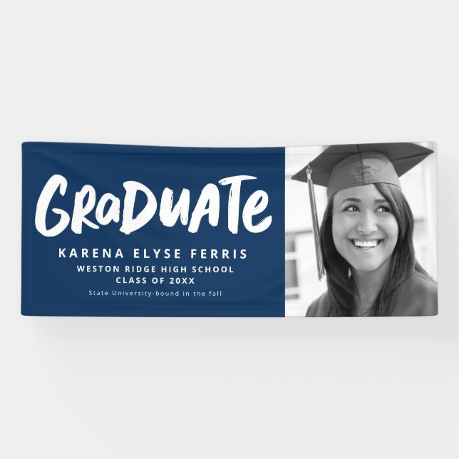 Bold modern graduate one photo navy graduation banner (Horizontal)