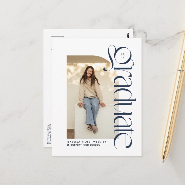 Bold modern graduate two photo navy graduation postcard (Front/Back In Situ)