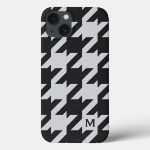 Bold modern grey black houndstooth with monogram iPhone 13 case
