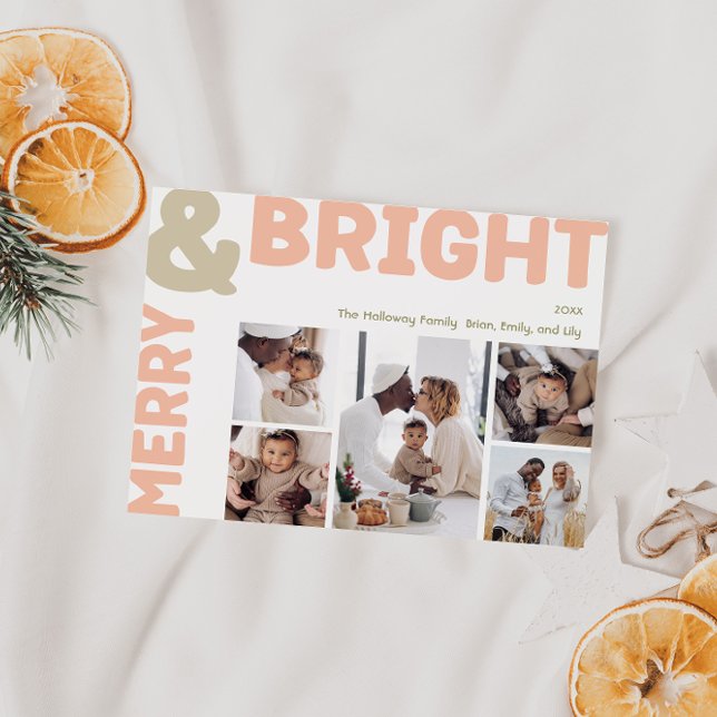 Bold Modern Merry And Bright Five Photo Holiday Card (Creator Uploaded)
