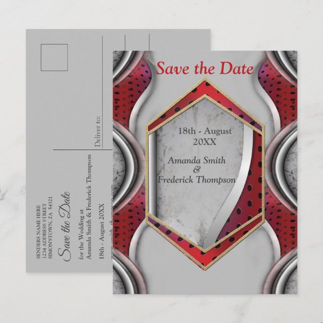 Bold Modern Metallic 3D Red Grey Texture Look Announcement Postcard (Front/Back)