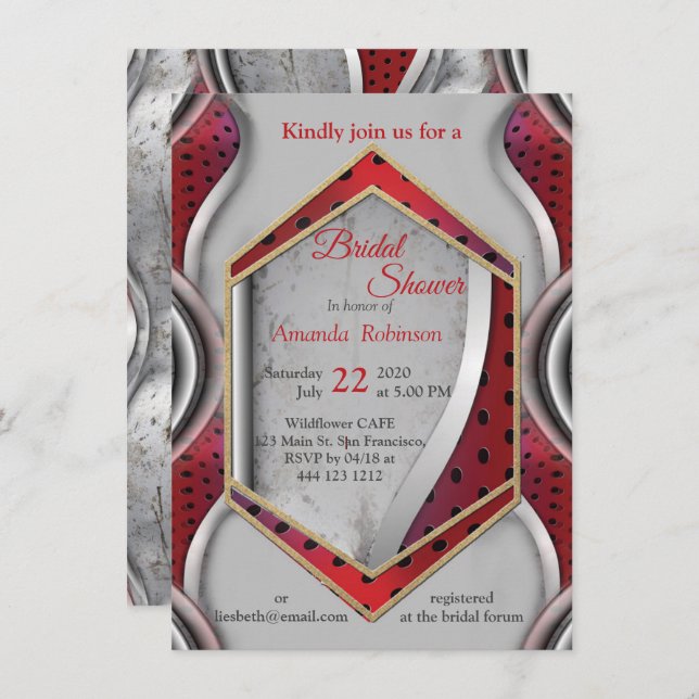 Bold Modern Metallic 3D Red Grey Texture Look Invitation (Front/Back)