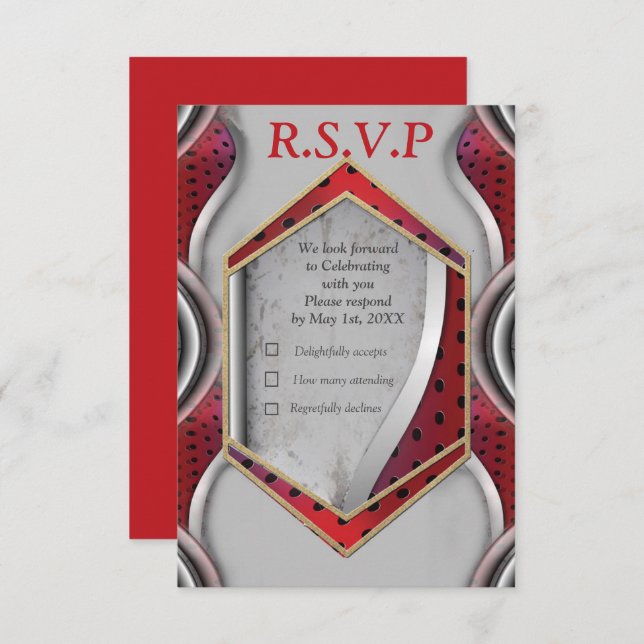 Bold Modern Metallic 3D Red Grey Texture Look RSVP Card (Front/Back)