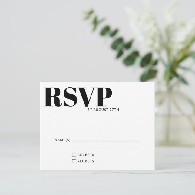 Bold Modern Minimalist Black White QR Code Details RSVP Card (Standing Front)