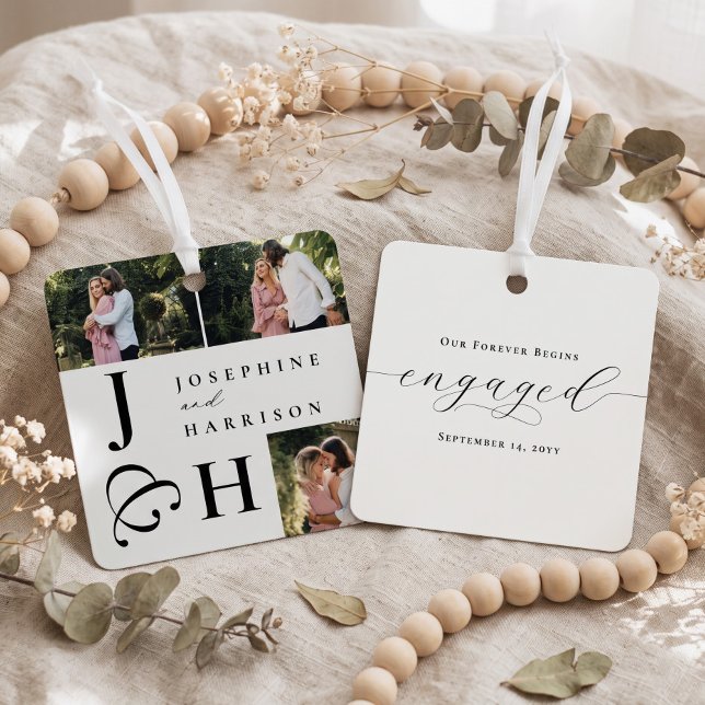 Bold Modern Monogram Engagement Photo Keepsake Metal Tree Decoration (Bold Modern Monogram Engagement Photo Keepsake Metal Ornament (Front & Back))