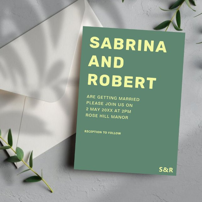 Bold Modern Names Script Green & Yellow Wedding Invitation (Creator Uploaded)