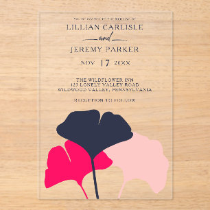 Bold Modern Navy and Pink Ginkgo Leaves Wedding Acrylic Invitations