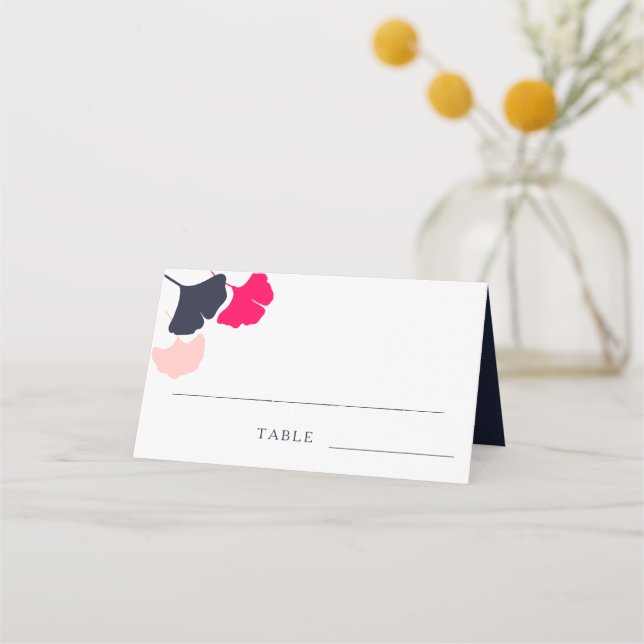 Bold Modern Navy and Pink Ginkgo Leaves Wedding Place Card (Front)
