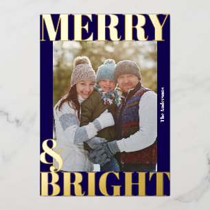 Bold Modern Navy Blue Merry & Bright Photo Foil Holiday Card