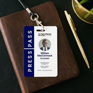 Bold Modern Navy Circle Photo Press Pass & Logo ID Badge