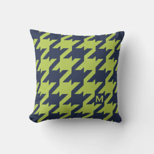 Bold modern navy green houndstooth with monogram cushion