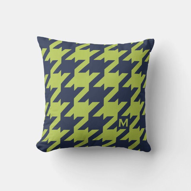 Bold modern navy green houndstooth with monogram cushion (Front)