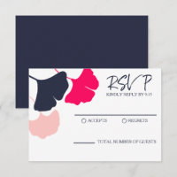 Bold Modern Navy, Pink Ginkgo Leaves Wedding RSVP