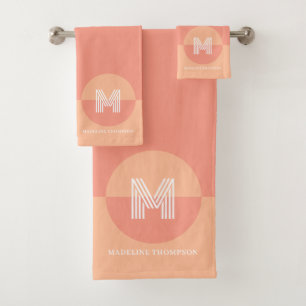 Bold Modern Peach Pink Geometric Modern Monogram Bath Towel Set