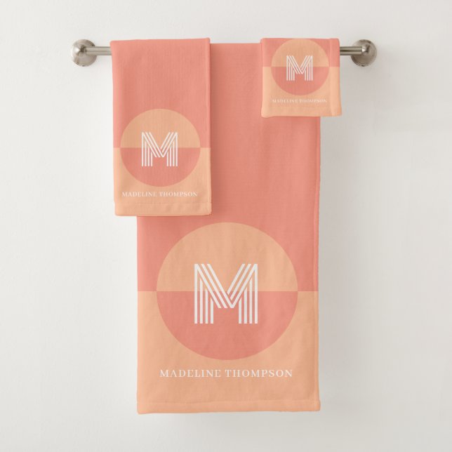 Bold Modern Peach Pink Geometric Modern Monogram Bath Towel Set (Insitu)