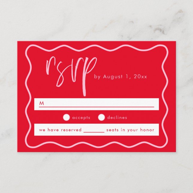 Bold Modern Pink And Red Squiggle Frame RSVP Card (Front)