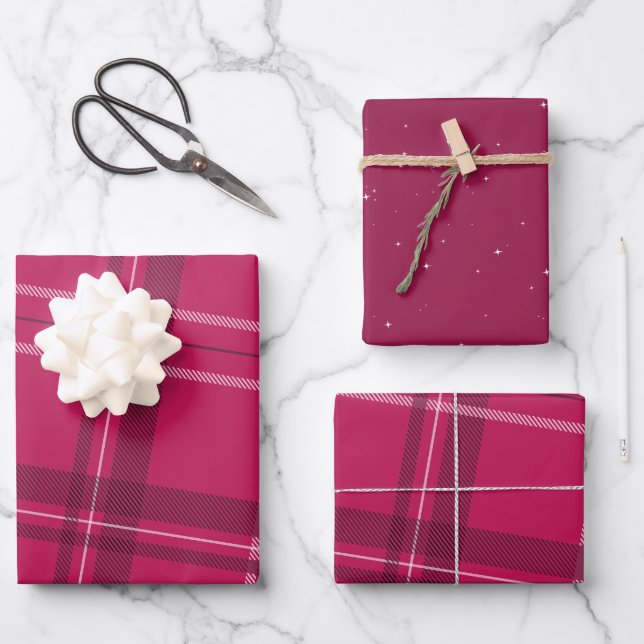 Bold modern pink plaid holiday wrapping paper sheet (Front)